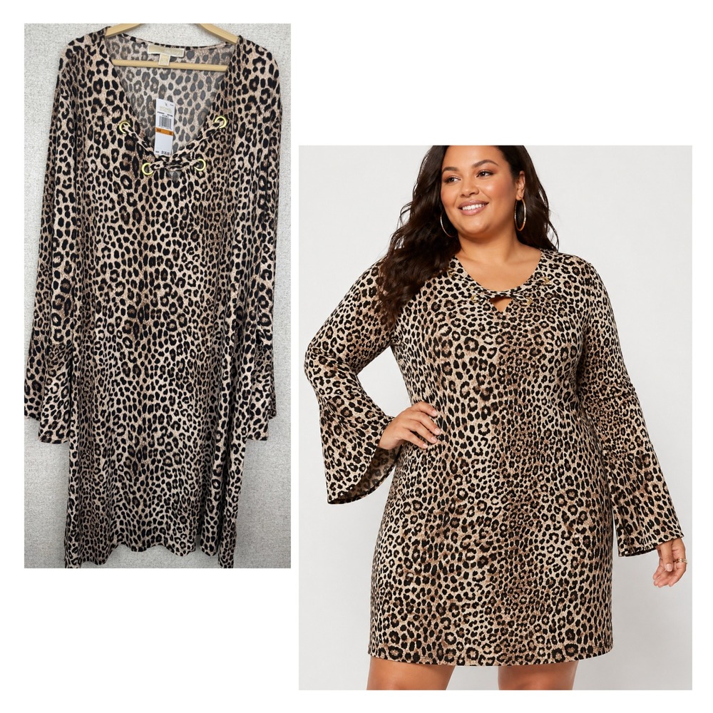 NWT Michael Kors Leopard Print Dress 3X Lace Up Neck Long Sleeve Animal Print